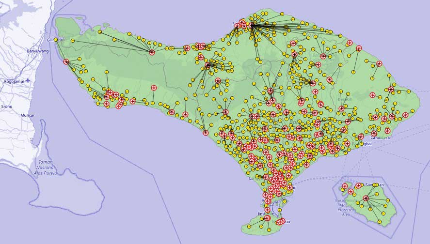 Bali vaccination network: baseline scenario without mobile clinics