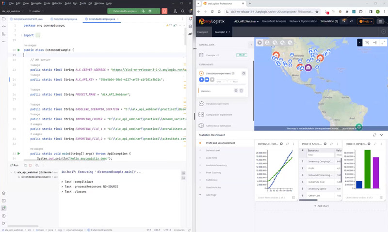 Screenshot of a computer screen showing a Java code editor on the left and anyLogistix supply chain software on the right