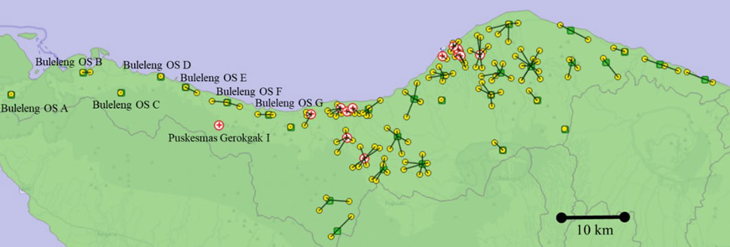 Vaccination network in the Buleleng outreach scenario (3-km range). The red circles are health centers, yellow are the villages, and green are new mobile clinics