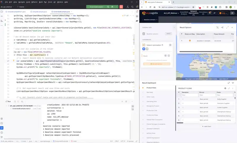 左側に Java コード エディター、右側に anyLogistix サプライ チェーン ソフトウェアが表示されているコンピュータ画面のスクリーンショット