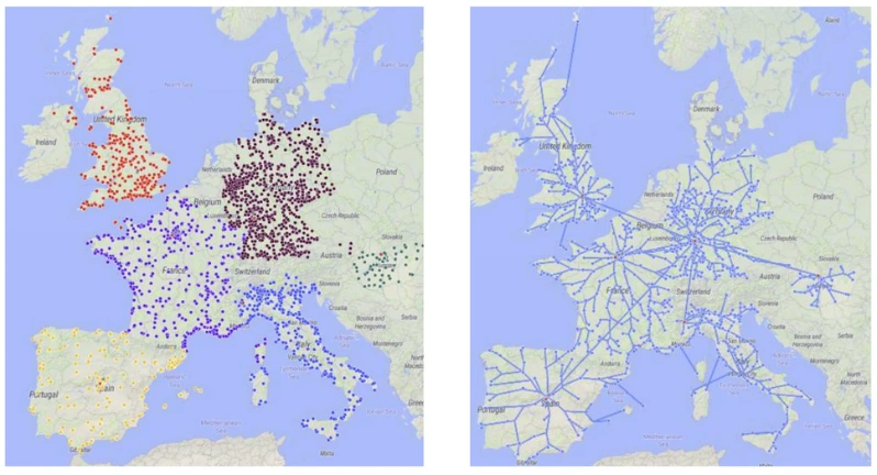 Screenshots of GIS maps displaying the elements of the supply chain scenario and their connections in anyLogistix