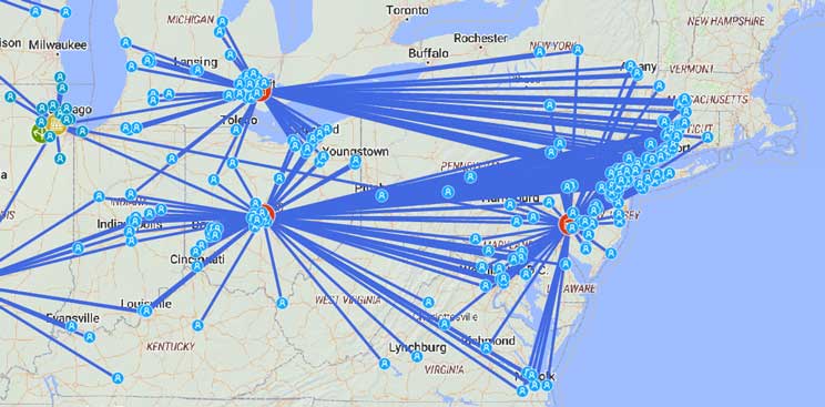 anyLogistix model of a supply chain in the Northeastern USA: baseline