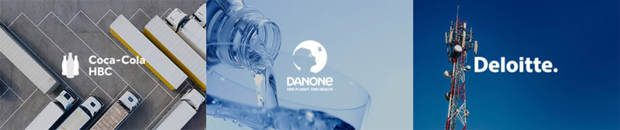 画像には、Coca-Cola HBC、Danone、Deloitte のロゴと、各業界を代表するビジュアルが表示されている。